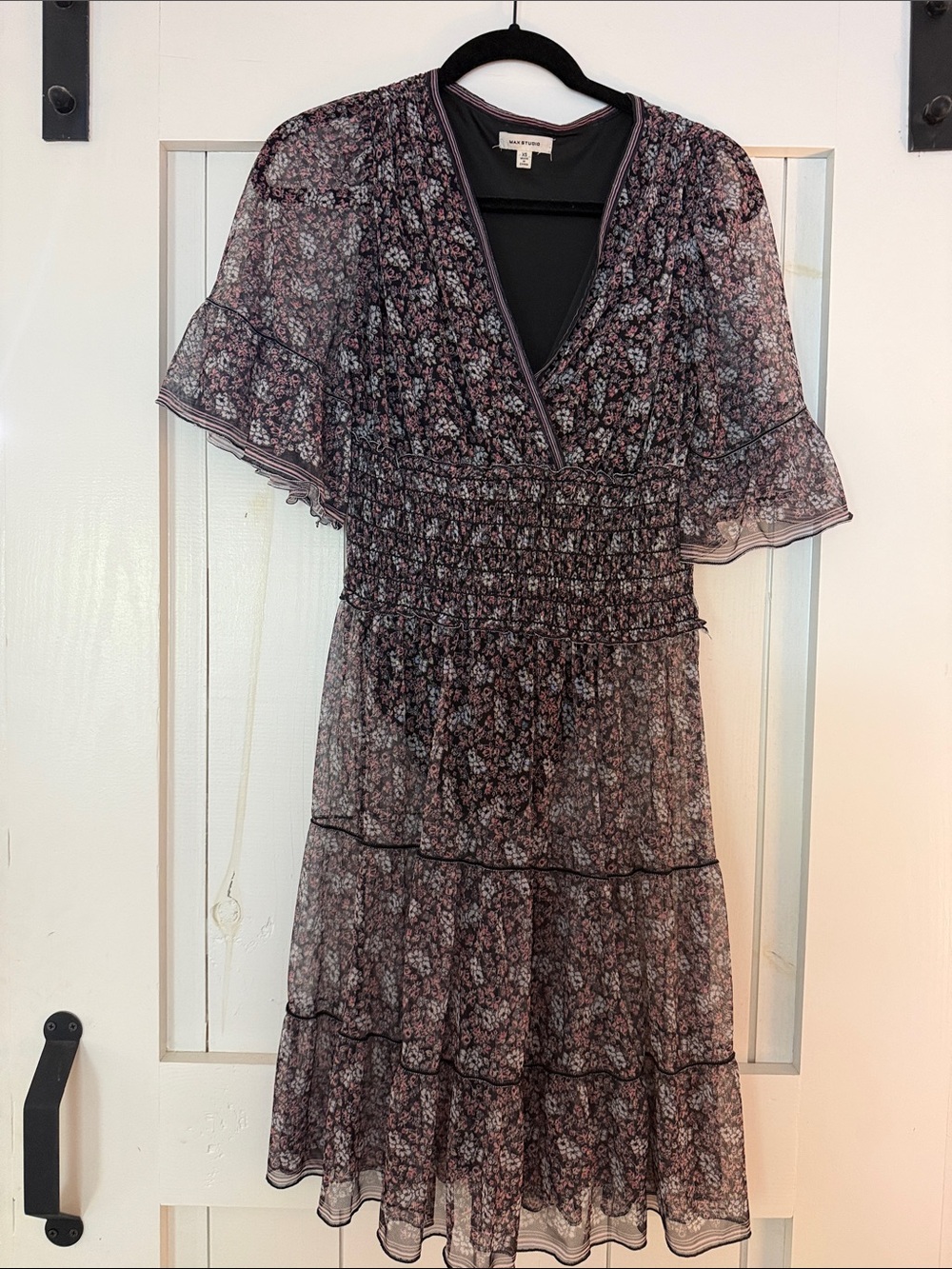 Max Studio Black Floral Midi Dress with Lilac Accents
